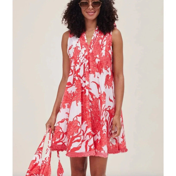 Modaposa Felice Pintuck Sleeveless Cotton Dress in Red Coral Size Large - Picture 1 of 12